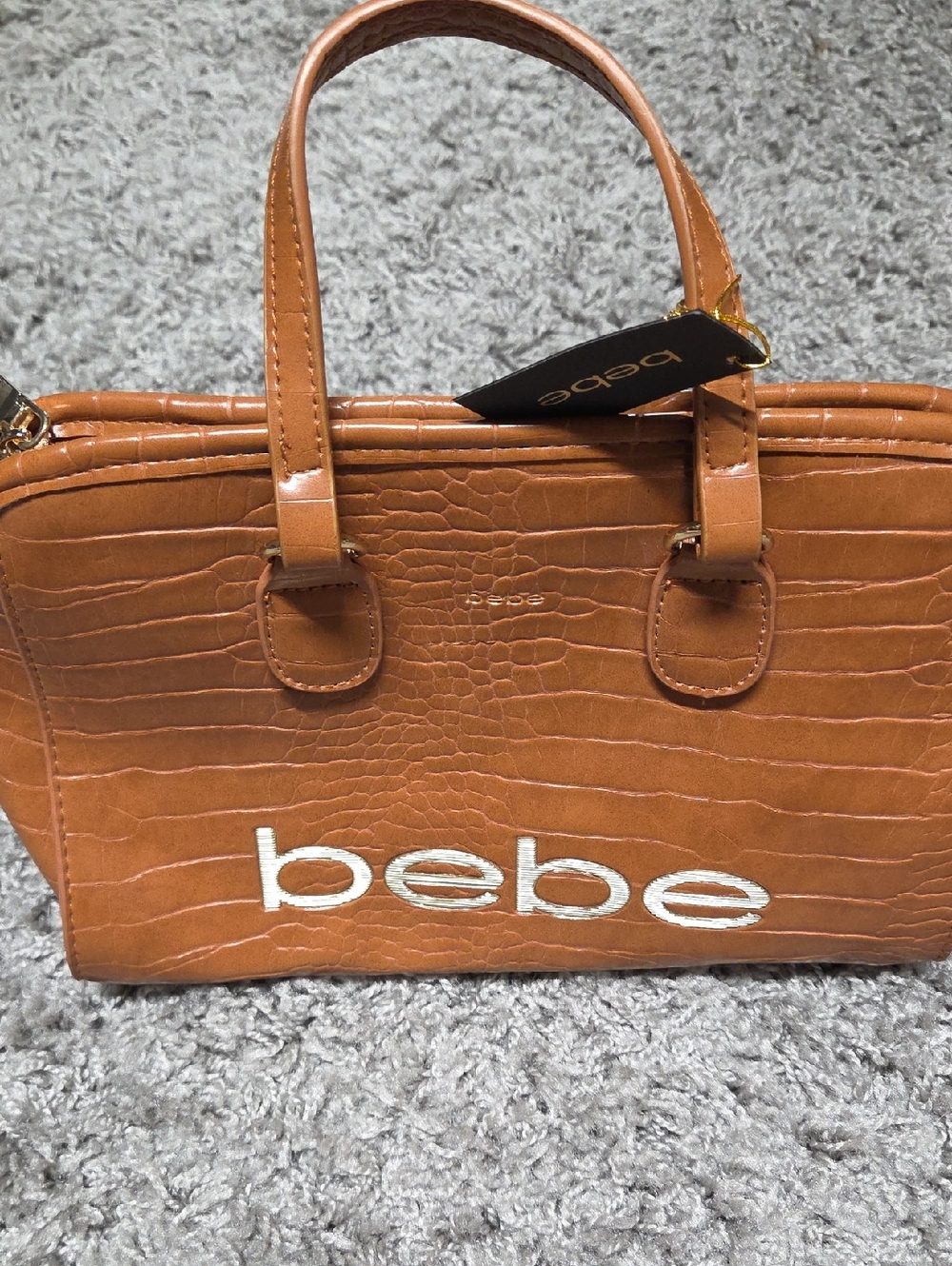 bebe Cognac Croc-Embossed Satchel with White Logo